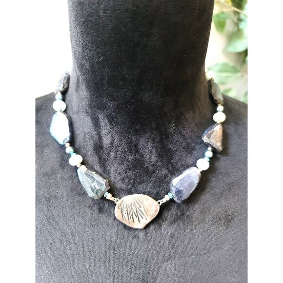 Women's Chunky Labradorite Pearl Necklace Lobster Clasp Sea Shell Pendant - Picture 1 of 6